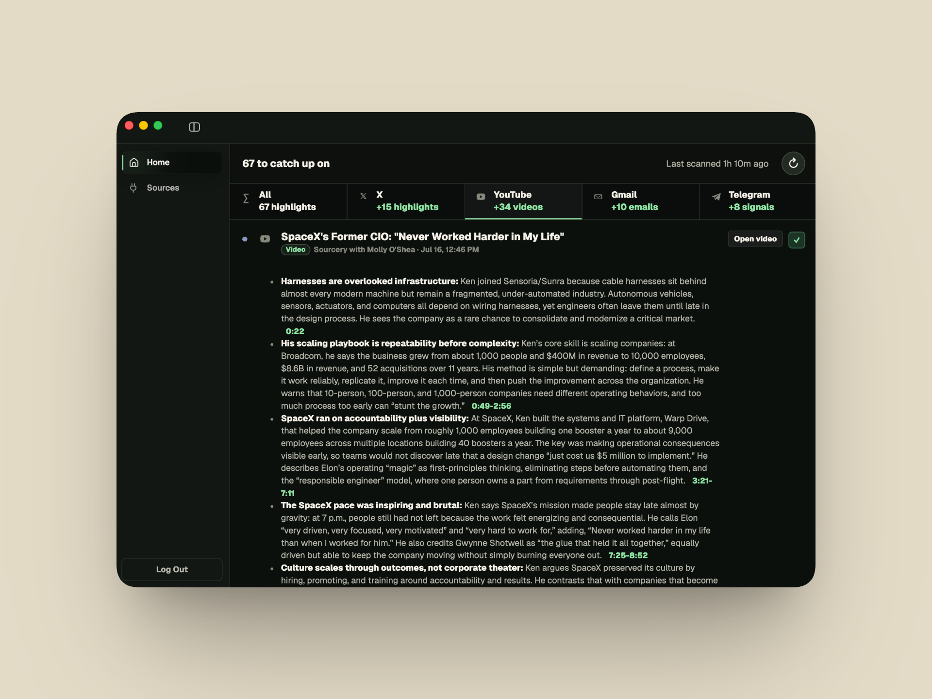 What Did I Miss desktop app showing a YouTube catch-up with highlights from X, YouTube, Gmail, and Telegram